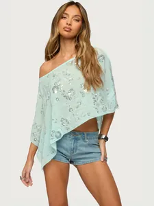 Haut de poncho à paillettes vert menthe à une épaule pour les vacances d'été à la plage