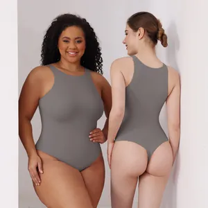 Front and back view of grey sleeveless shapewear bodysuit on plus and standard models