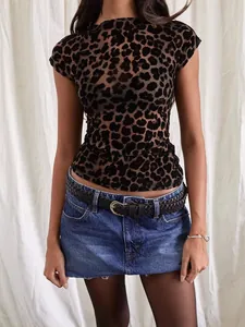 Damen Sexy Transparent Netz Spitze Crop Top Leopard Herz Print Kurzarm Rundhals Slim Fit T-Shirt Spicy Girl Top