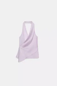 Top a lupetto lavanda effetto seta con eleganti dettagli a pieghe incrociate per uno stile chic
