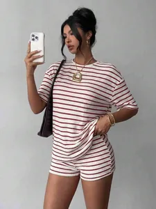 Detailed view of the red and white striped two-piece summer casual set for women