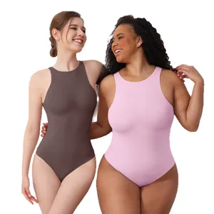High-quality seamless high-neck sleeveless shapewear bodysuit for women in brown and pink