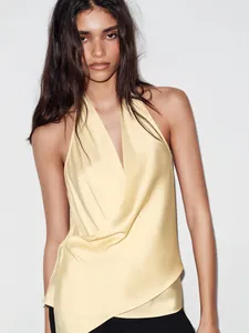 Top da Donna con Scollo a V all'Americana Finitura Satinata Drappeggiato Pieghe Incrociate Canotta Vestibilità Aderente Sexy Streetwear Senza Schienale Top Estivo