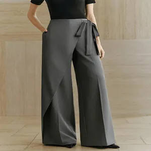 Eleganti pantaloni grigi a gamba larga con vita alta e cintura per ufficio donna