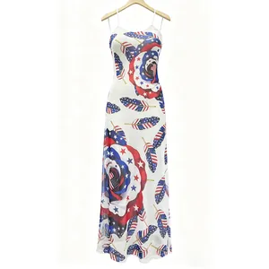 Robe longue patriotique fête de l'indépendance USA avec imprimés rose et plume
