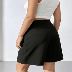 Back view of high-waisted black wide-leg shorts for women in a casual business style.