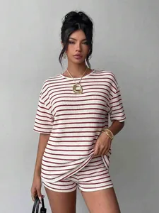 Casual red and white horizontal striped two-piece summer set with a ribbed texture