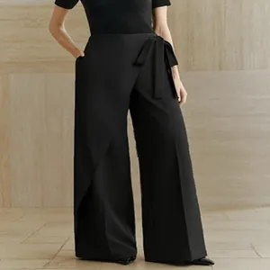 Eleganti pantaloni neri a gamba larga a vita alta con design a portafoglio e cintura in vita.