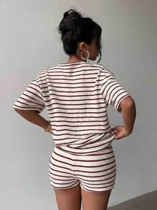 Rear view detail of a women's casual striped two-piece set with t-shirt and shorts