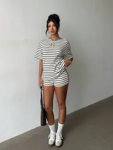 Casual summer two-piece set with black and white stripes, T-shirt and shorts outfit