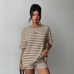 Casual women's two-piece striped loungewear set with short sleeve top and shorts
