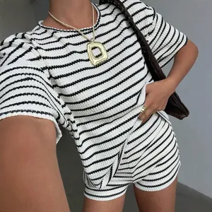 Stylish women's black and white striped crew neck short sleeve and shorts two-piece set