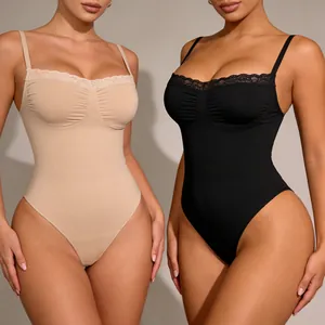 Women Lace Trim Shapewear Bodysuit Tummy Control Butt Lifting Seamless Polyamide Thong Body Shaper Top And Bottom