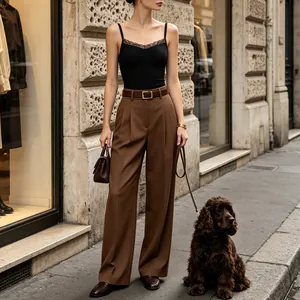 Elegant black lace bodysuit shapewear with slimming fit styled with brown trousers