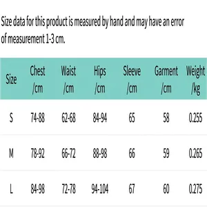 Detailed size chart for women's long-sleeve mesh mini dress with S, M, L measurements.