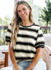 Women's casual black and white striped short sleeve T-shirt with a relaxed round neck fit