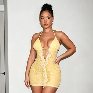 Women Sexy Halter Neck Backless Lace Mini Dress Summer Hollow Out Sleeveless Slim Fit Polyester Spandex Ruffles Party Dress