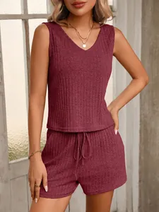 Detail view of burgundy V-neck ribbed sleeveless loungewear set with matching shorts