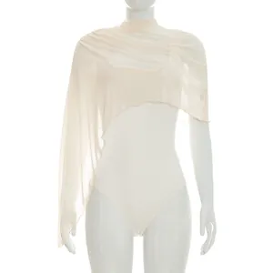 Apricot mesh bodysuit with an asymmetrical shawl overlay detail shown on a mannequin