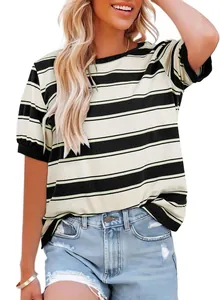 Casual summer striped t-shirt for women with round neck and short sleeves style.