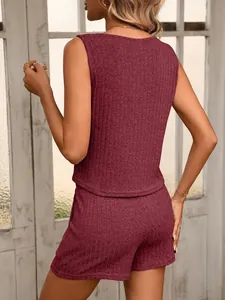 Detailed back view of a burgundy ribbed knit sleeveless top and shorts two-piece lounge set