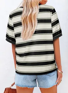 Detailed back view of a casual women's black and white striped loose short-sleeved T-shirt