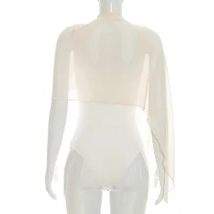 Back view of a white sleeveless bodysuit featuring an asymmetrical mesh shrug overlay