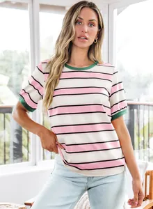 Fashionable casual women's T-shirt with pink and white stripes and green ribbing