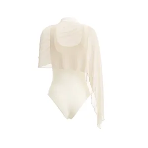 Elegant cream bodysuit featuring an asymmetrical sheer mesh shawl overlay detail