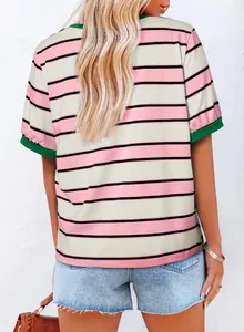 Back view of women's casual loose-fit striped T-shirt with contrast green trim