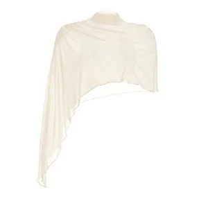 Close-up view of the sheer asymmetric mesh shawl showing its delicate hem edges and texture