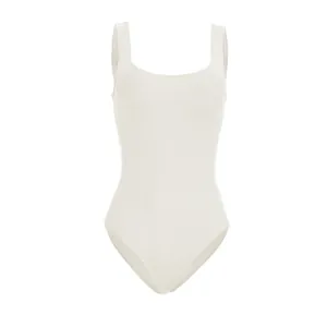 Minimalist simple white sleeveless bodysuit with scoop neck and slim fit design for summer