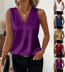 Elegant women's V-neck sleeveless satin blouse available in multiple vibrant silk colors