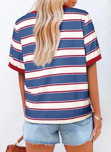 Back view detail of a women's striped loose T-shirt showing red and blue stripe pattern