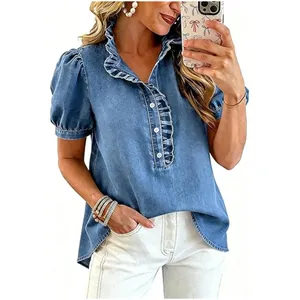 Damen Gewaschen Denim Hemd Rüschenkragen Plissiert Denim Top Knopfleiste Puff Kurzarm Bluse Mode Lässig Retro Top Für Damen