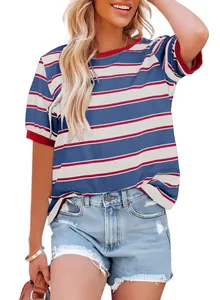 Detail view of a casual loose-fit striped T-shirt with blue, red, and white color blocks.