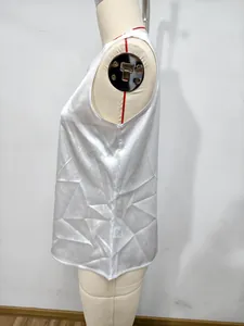Detailed side view of a white satin sleeveless V-neck blouse for women on mannequin