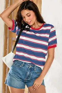 Detail view of women's casual striped loose round-neck T-shirt in red, white and blue