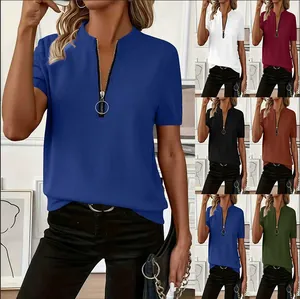 Dames Ribgebreid T-shirt met V-hals en Rits O-Ring Korte Mouw Effen Casual Top