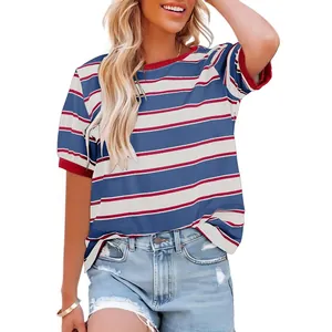 Macro detail view of the red, white, and blue striped texture of this loose women's t-shirt