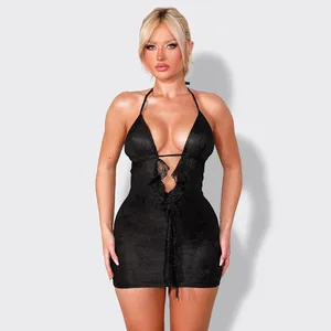 Black lace halter neck mini dress with plunging neckline and ruffle detail