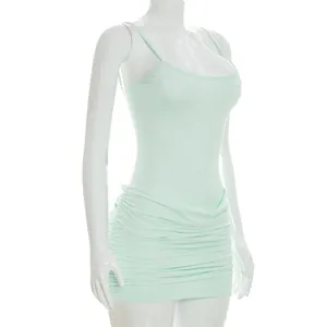 Side view detail of mint green ruched bodycon mini camisole dress on white mannequin