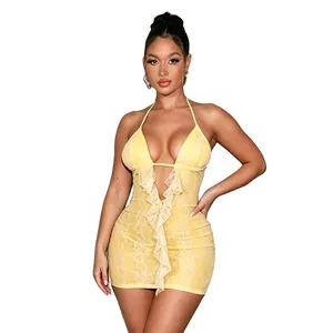 Detailed view of yellow lace halter mini dress with sexy ruffle deep V-neckline and backless design