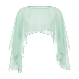 Detail shot of a mint green sheer mesh bolero shrug with elegant draped long sleeves.