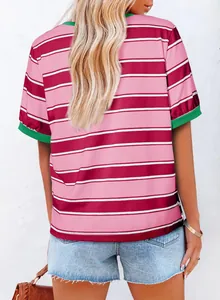 Back view of a women's casual striped short sleeve t-shirt with green contrast trim detail