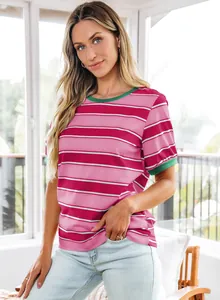 Fashionable striped women's T-shirt featuring pink colors and green contrast trims