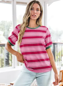 Detail of a casual pink and red striped round neck short sleeve T-shirt with green trim.