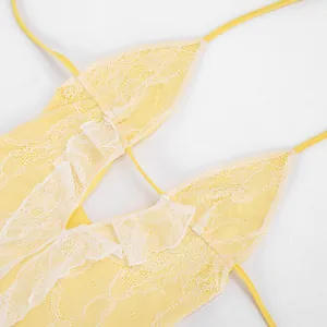 Close-up view showcasing the intricate white lace detailing on a bright yellow sleeveless dress