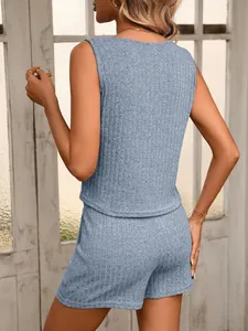 Detailed back view of a light blue ribbed sleeveless top and matching shorts loungewear set