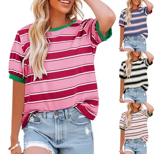 Women Striped T-Shirt Casual Color Block Crew Neck Short Sleeve Top Soft Viscose Cotton Blend Comfortable Loose Summer Tee